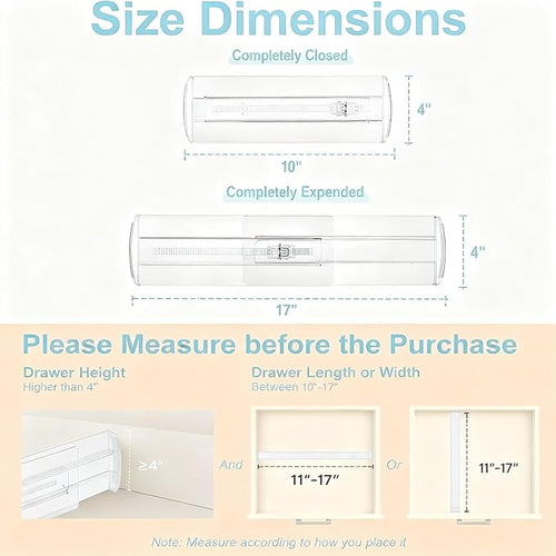 4 Pack Adjustable Drawer Dividers - 4" High Clear Expandable Dresser Organizers 12.9"-21.4" Length, Transparent Drawer Separators for Clothes, Underwear, Cosmetics & Kitchen Utensils Storage