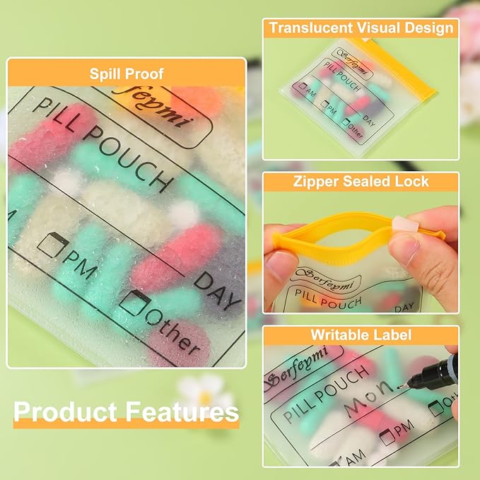 Serfeymi 32 Pcs Pill Pouch Bags for Travel Reusable Plastic Bags 3 x 3 Inches 12 mil (Double Sided) Translucent Zippered Pill Pouches for Medicine with Slide Lock & Writable Label，1 Pc Marker - Yellow