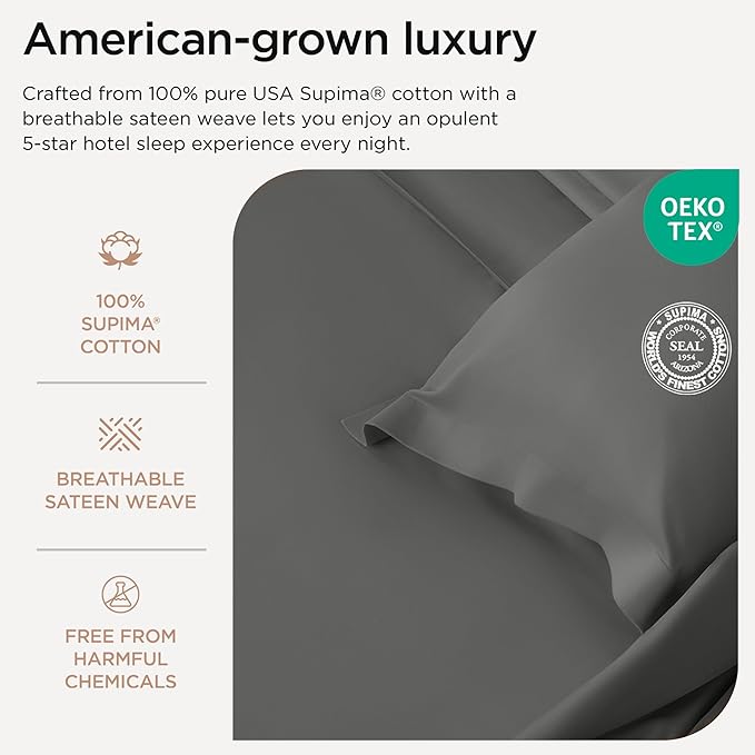 Threadmill Supima Cotton Sheets Queen | 656 Thread Count Queen Sheets for Queen Mattress | 4 Piece Luxury Bed Sheets | Sateen Weave Hotel Quality Sheet with Elasticized Deep Pocket | Dark Grey Sheet