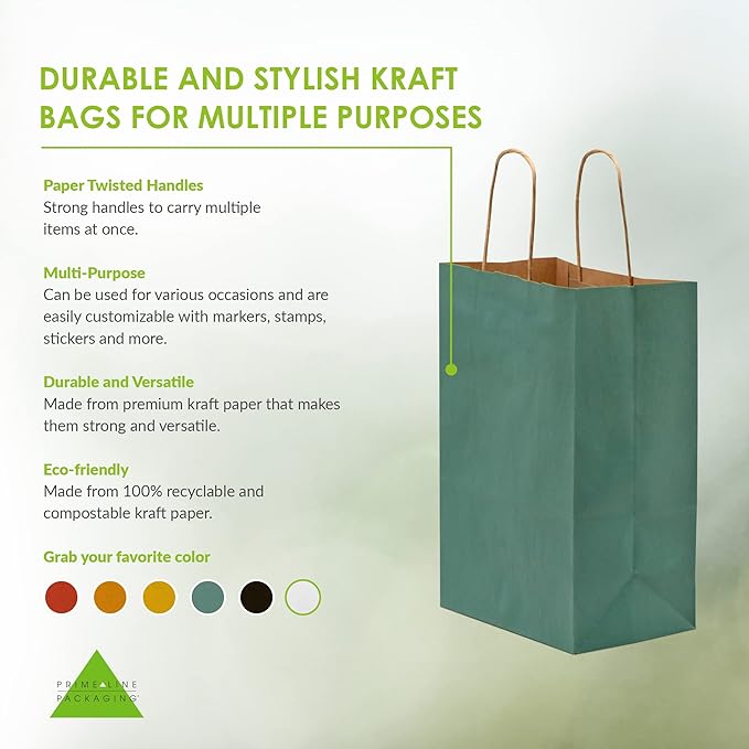 Prime Line Packaging Green Gift Bags, Small Paper Bags with Handles for Gifts, Holidays, Christmas, Party Favors, Shopping, Small Business, Bulk, 8x4x10, 50 Pack
