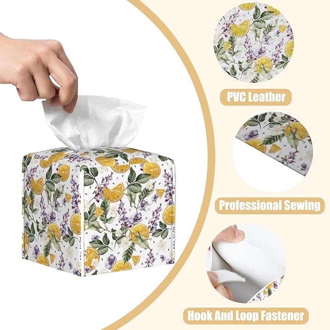 BLYKVGHQ Square Tissue Box Cover Orange Fruits and Lavender Flowers Tissue Box Holder Facial Cube Paper Dispenser Leather Decorative Organizer Home Office Desk Decor, 5.2"x5.2"x5.2"