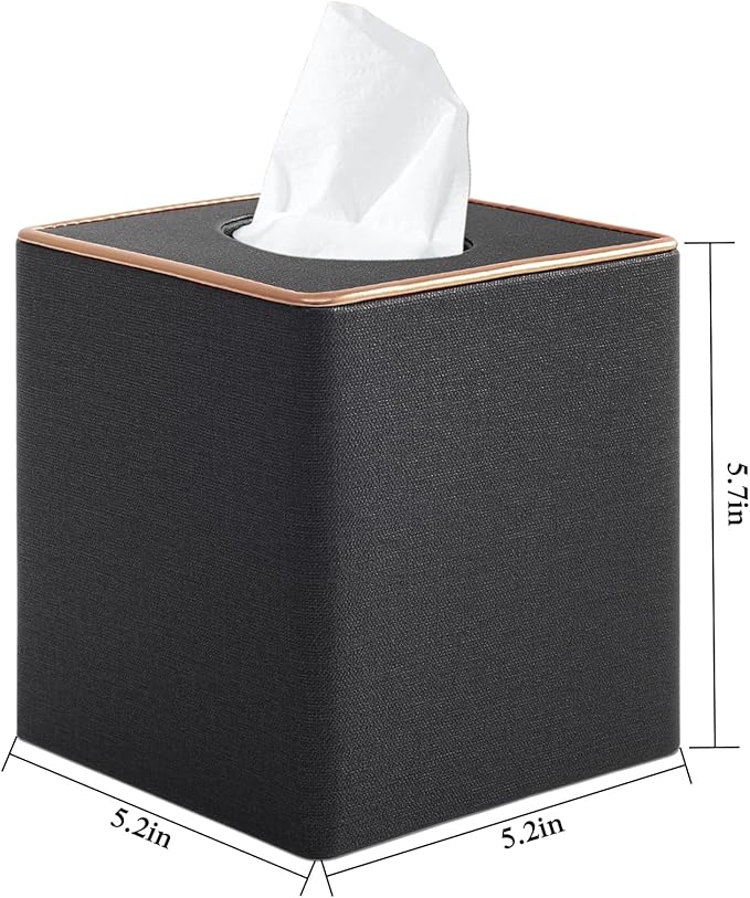RHCSZ Linen Square Tissue Box Cover,Cube Tissue Box Holder－Excellent Rosegold Leather Decoration,Table Napkin Case Dispenser,Facial Tissues Organizer with Magnetic Bottom for Home Office Car(Black)