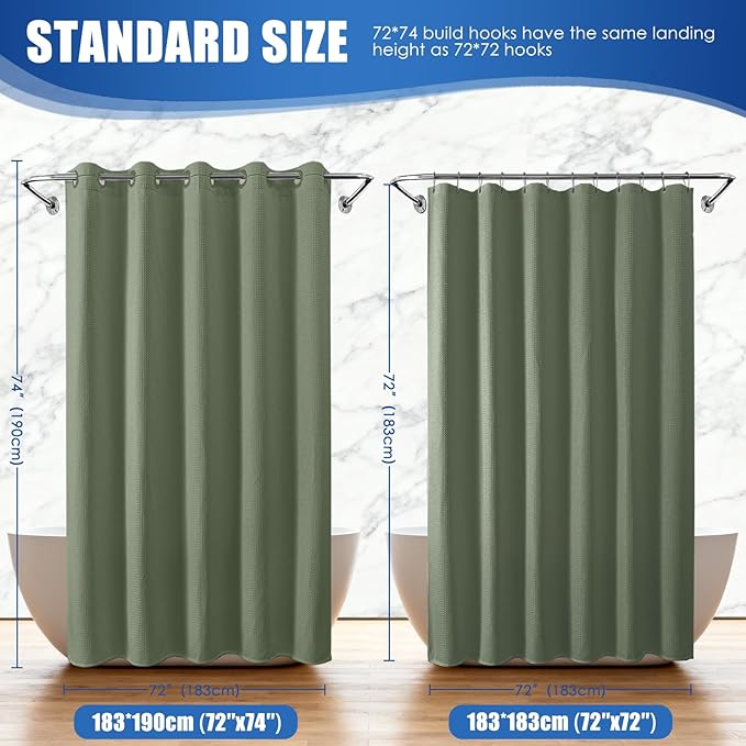 Zemyovia Waterproof No Hooks Waffle Shower Curtain, 260GSM Heavy Duty Fabric, with 10 Durable Split Grommets, Luxury Hotel Spa Style for Bathroom, Machine Washable, 74 x 72 Standard Size, Green