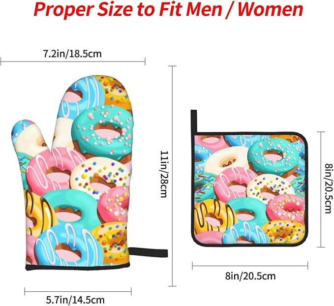 Cute Donut Doughnut Oven Mitts and Pot Holders Set of 4, Oven Mittens and Potholders Heat Resistant Gloves for Kitchen Cooking Baking Grilling BBQ