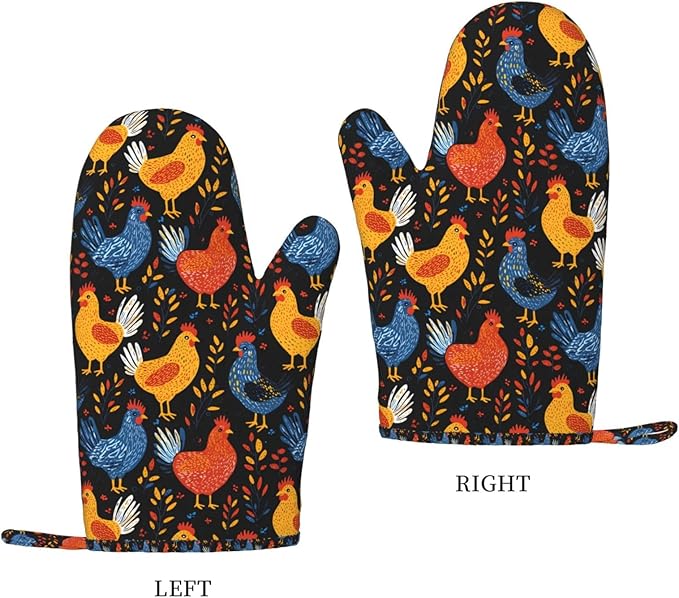 Heat Resistant Oven Mitts 2 Pack, 500°F Silicone Oven Gloves with Non-Slip Grip, Soft Quilted Cotton Lining for Baking, Grilling, BBQ, Cooking (Rooster)