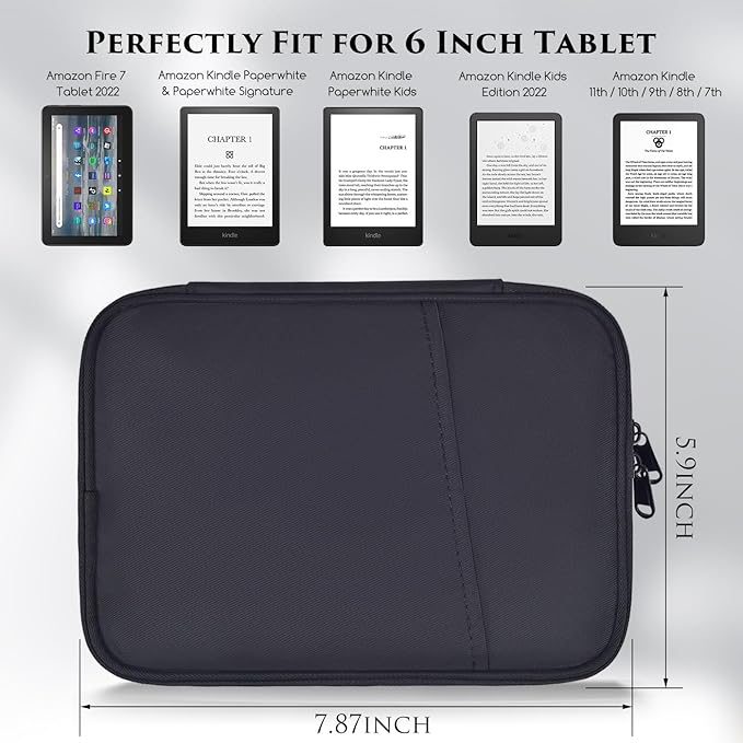 6-7 Inch E-Reader Tablet Carrying Sleeve for 7" Amazon Fire 7/Kindle Oasis,6.8" Kindle Paperwhite 11th 2021, 6" Kindle Paperwhite/Kindle 2022, Kobo Clara 2E/Libra 2 eReader Protective Bag Case(Black)