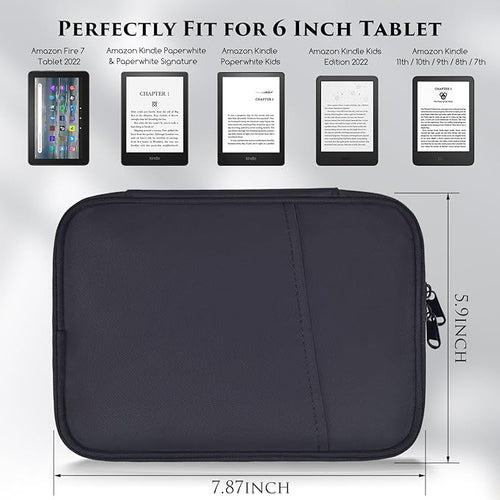 6-7 Inch E-Reader Tablet Carrying Sleeve for 7" Amazon Fire 7/Kindle Oasis,6.8" Kindle Paperwhite 11th 2021, 6" Kindle Paperwhite/Kindle 2022, Kobo Clara 2E/Libra 2 eReader Protective Bag Case(Black)