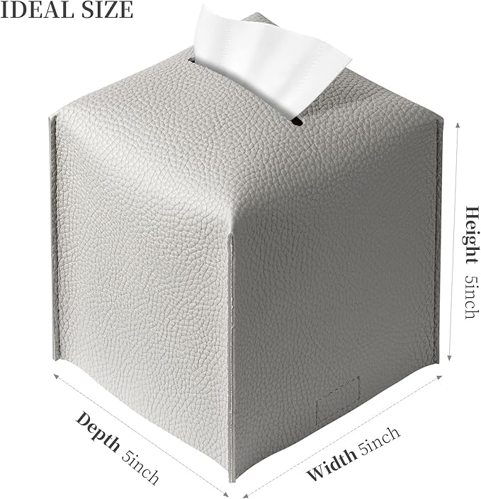 REGELETO Square Tissue Box Cover, Pu Leather Tissue Box Holder with Bottom Belt Modern Stylish Tissue Box Organizer for Bathroom, Bedroom, Hotel, Office Desk 5"X5"X5"-Grey
