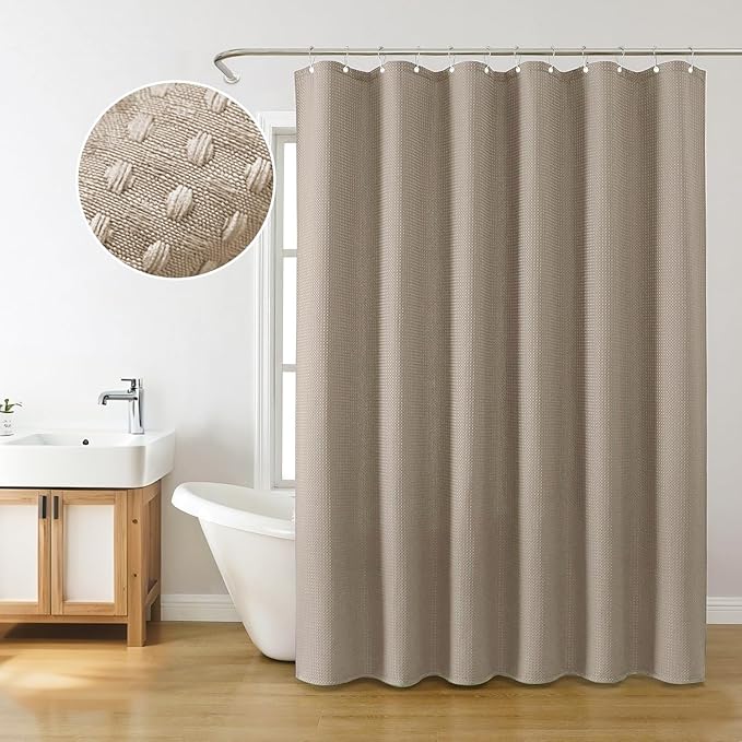 Inhousolu Fabric Shower Curtain Waffle Weave, 230 GSM Heavy Duty, Weighted Hem, 14 Metal Hooks, Water Repellent, Machine Washable, Hotel Spa Luxury Bath Curtain Set, 72 x 72 Inch, Beige
