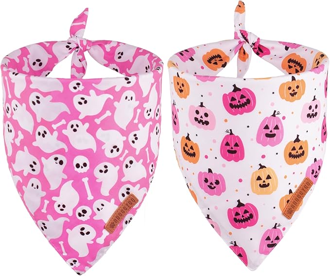 ADOGGYGO Halloween Dog Bandana, Pink Pumpkin Ghost Pet Scarf, Premium Durable Fabric, Adjustable Fit Female Halloween Bandanas for Extra Large Dogs Pets (X-Large)