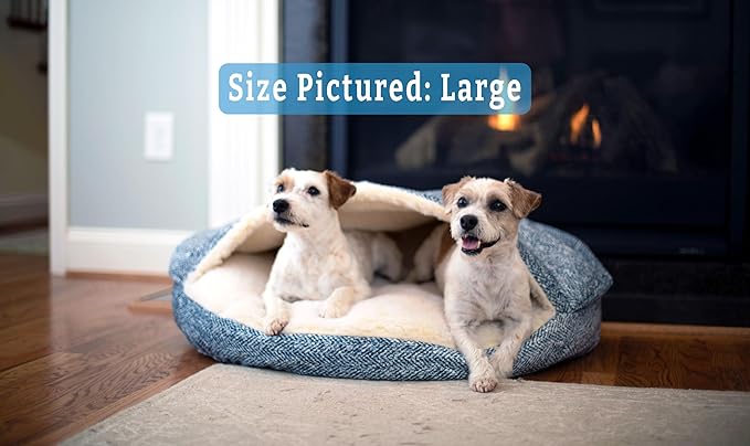 Snoozer Cozy Cave Dog Bed - Indoor Dog Bed with Cover Cave, Covered Calming Burrow for Small & Medium Sized Pets with Blanket Attached, Enclosed, Removable Washable Cover - Large, Palmer Indigo