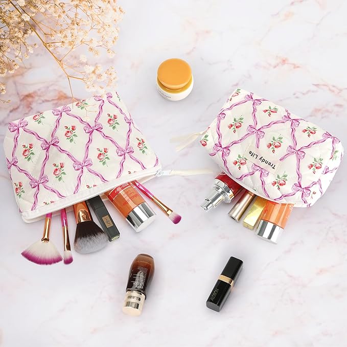 HAOGUAGUA 2 Pieces Makeup Bag, Small Large Quilted Cosmetic Bag, Travel Floral Make Up Toiletry Organizer Bag for Women Girls (2PCS STYLE A-4)