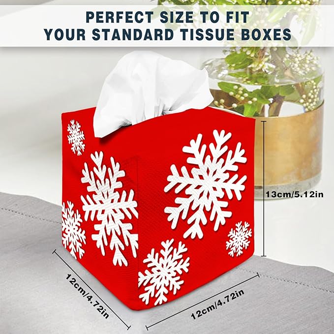 Tissue Box Cover Square Decorative Tissue Box Holder Cute Funny Cube Tissue Case Cover-Xmas Decor Christmas Snowflake Red Tissue Box Cover