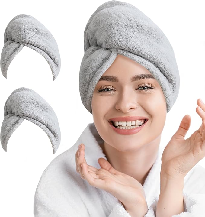 AGLIFEFY 2 Pack Microfiber Hair Towel Wrap for Women Super Absorbent Quick Dry Hair Turban for Drying Curly, Long & Thick Hair 10 inch X 26 inch Lightgrey+Lightgrey