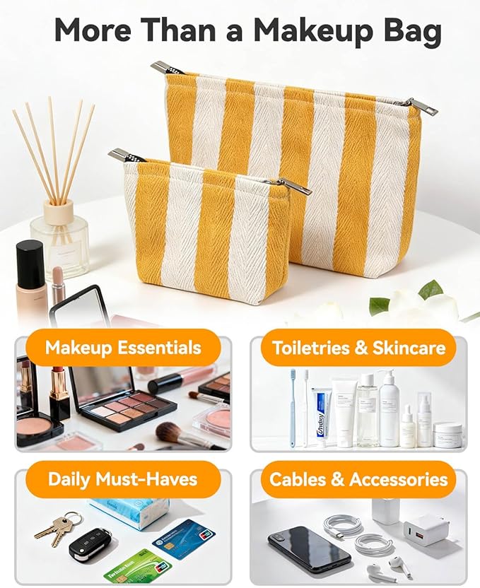2 Pcs Makeup Bag Set, Women Gifts, Travel Cosmetic Bags, Canvas Make up Bag for Purse, Yellow Striped Makeup Pouch with Zipper Lining, Cosmetic Storage Car Organizer, Portable Large & Small Toiletry