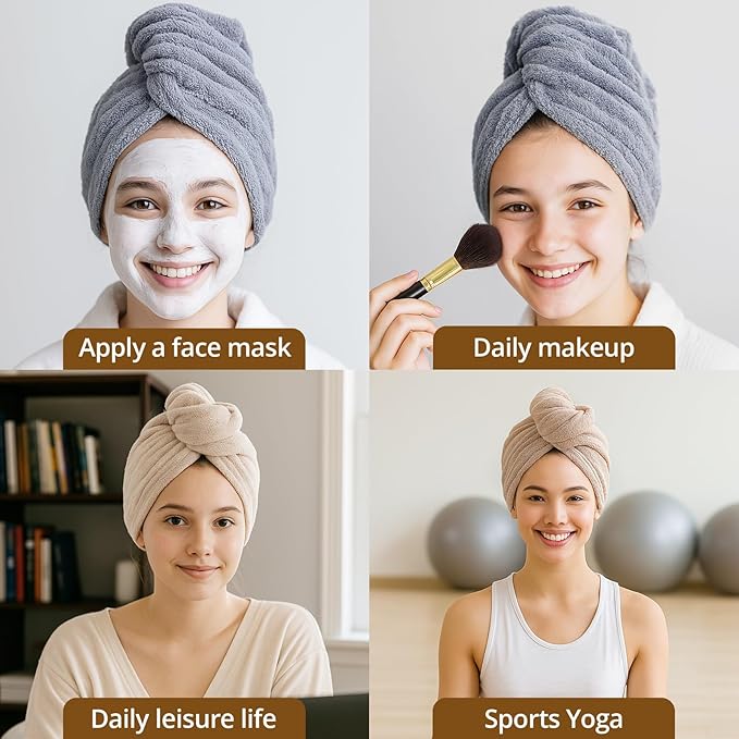 HFZRZFH 3 Pack Plush Yarn Hair Towel Wrap for Women, Super Absorbent & Quick Drying Turban, Anti Frizz Head Towel for Long, Thick, Curly Hair with Secure Button