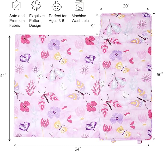 david's kids Toddler Nap Mat Set with Removable Pillow, Ultra Soft Slumber Bags for Girls，Perfect for Preschool, Daycare, Kids Sleeping Bags with Rollup Design, 50"x20", Butterfly