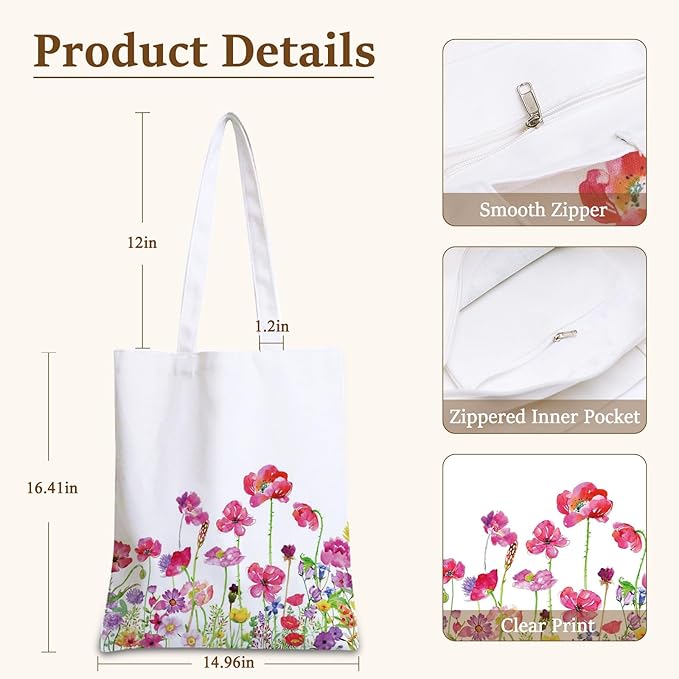 GICDSU Cotton Canvas Floral Tote Bag Aesthetic with Zipper, Reusable Grocery Bags, Beach Foldable ToteBag for Women, Funny Totebag with Inner Pocket for Shopping Travel Gym Work