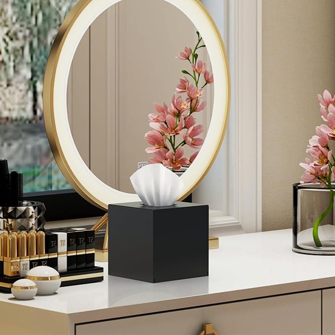 SILUT Tissue Box Cover Square, Acrylic Tissue Holder with Magnet Locking Bottom, Tissue Holder for Bathroom Vanity Bedroom Office, Matte Black