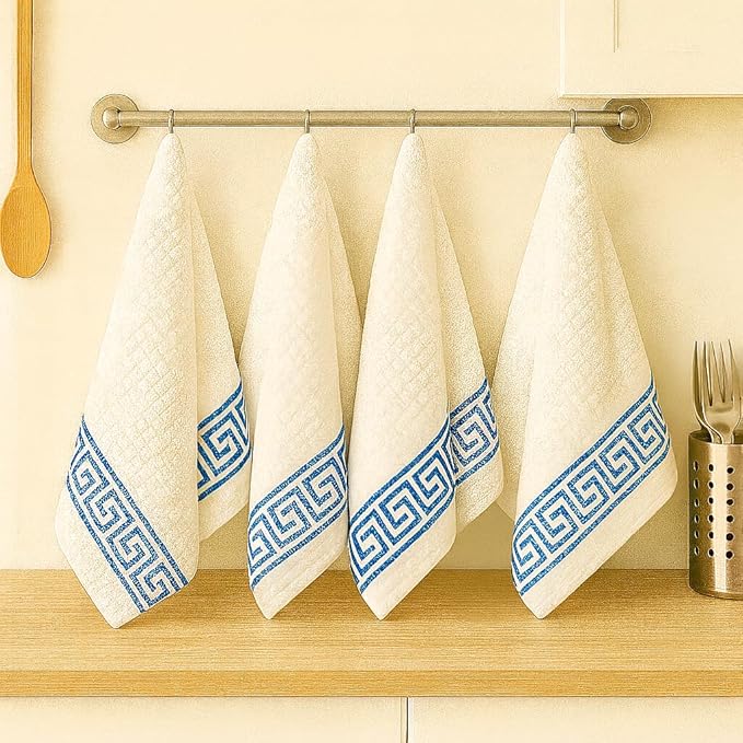 Attica Tracery Pure Cotton Kitchen Tea Towels – White Waffle Towels | Super Absorbent Kitchen Napkins | Reusable Cloths for Dishes, Counters & More - (60x38 cm, Set of 5) (White with Blue Border)