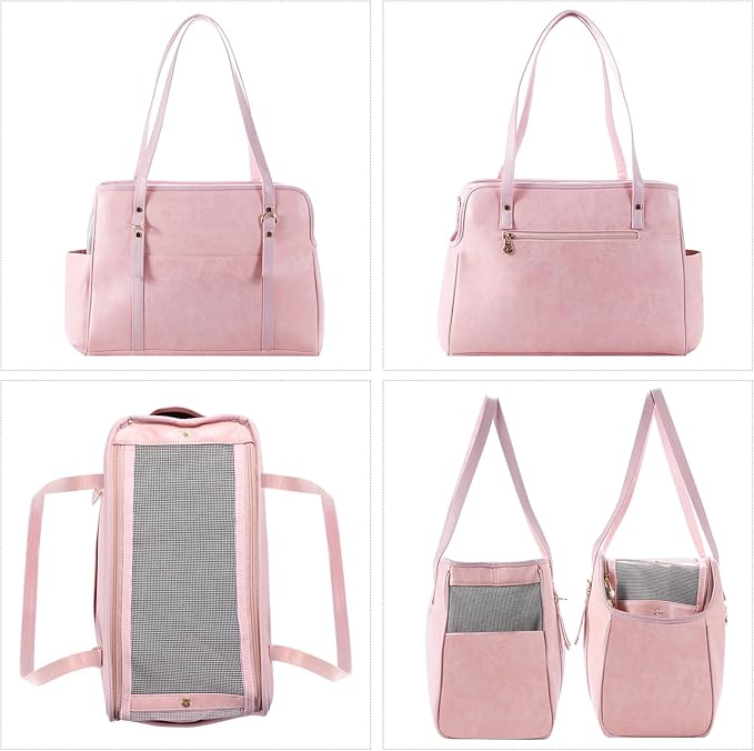 Lasaviin Dog Carrier Purse, Fashion Leather Pet Carrier with Pockets, Airline Approved Soft Sided Dog Carrying Bag for Puppy Cat Dog Pink