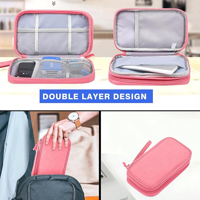 CAAORDKSO Travel Electronics Organizer, Waterproof Cable Organizer Bag, Accessories Storage Case Pouch for Cable, Cord, Charger, Phone, Power Bank, Earphone (Dark Pink, Medium)