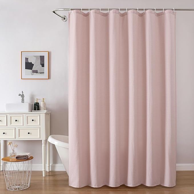 OVZME Extra Long Shower Curtain Set - 84 Inch Long Waffle Weave Heavy Duty Cloth Shower Curtain for Bathroom, Luxury Weighted 230GSM Bath Curtain Set with 12 Plastic Hooks, 72x84, Blush Pink