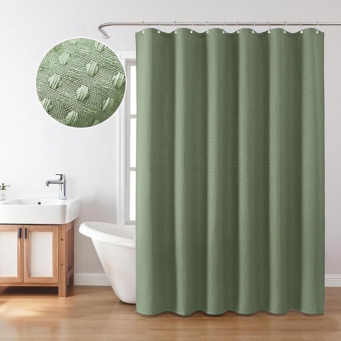 Inhousolu Fabric Shower Curtain Waffle Weave, Sage Green 230 GSM Heavy Duty, Weighted Hem, 8 Metal Hooks, Water Repellent, Machine Washable, Hotel Spa Luxury Bath Curtain Set, 36 x 72 Inch