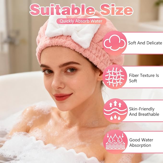 2PCS Super Absorbent Hair Towel Wrap for Wet Hair,Microfiber Hair Drying with Caps Bow Design,2026 New Fast Drying Hair Turban Wrap Towels Shower Cap for Girls and Women(Pink, Blue)