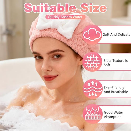 2PCS Super Absorbent Hair Towel Wrap for Wet Hair,Microfiber Hair Drying with Caps Bow Design,2026 New Fast Drying Hair Turban Wrap Towels Shower Cap for Girls and Women(Pink, Blue)