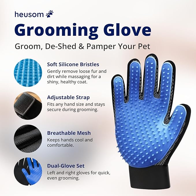 Heusom Silent Groom Pro Grooming Glove for Dogs, Cats, Rabbits & Horses | 2-in-1 Pet Brush & Deshedding Tool | Gentle Bathing & Cleaning for Long & Short Hair | Grooming Supplies for Pet Fur Control