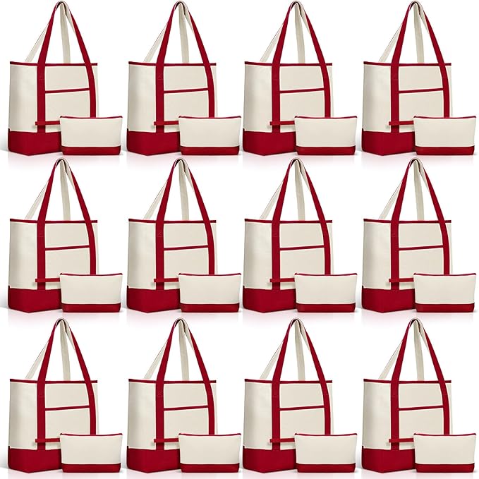 Sanwuta Canvas Tote Bags Bulk with Outer Pocket and Makeup Pouch 18'' Reusable Grocery Bags with Handles for Women Beach DIY