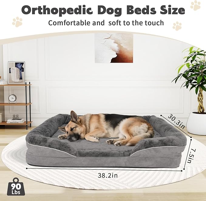 Dog Bed Waterproof Medium/Large Sized XL Foam Pet Beds Removable Washable Cover Dog Sofa Egg Crate Foam Support with Zipper Bottom Bolster Deluxe Plush Mat (38.2x30.3x7.5in+Grey)