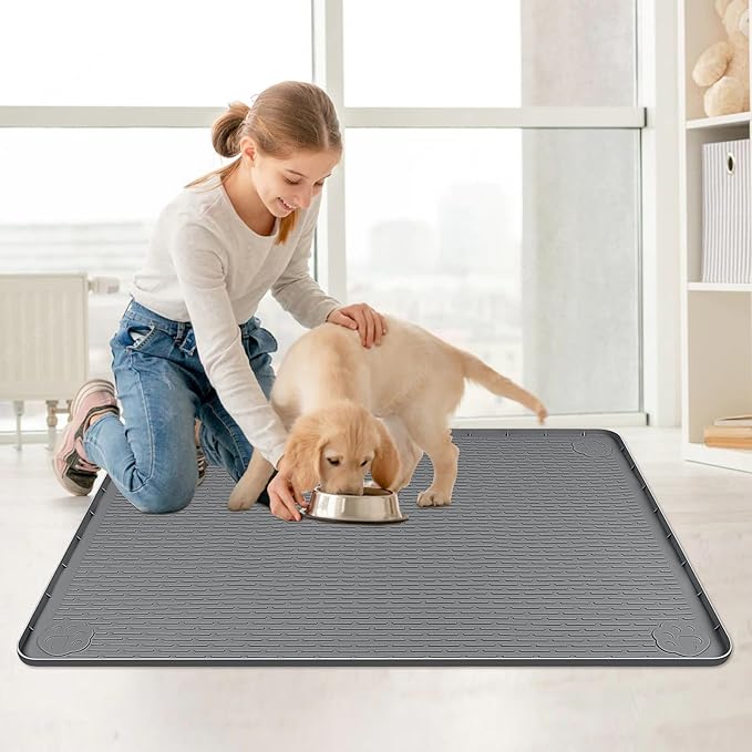 Bartuke Cat Food Mat, 40" x 28" Extra Large Silicone Pet Feeding Mat with Raised Edge Pet Placemat for Food and Water Bowl Non-Slip, Easy to Clean, Floor Protection (Dark Grey)