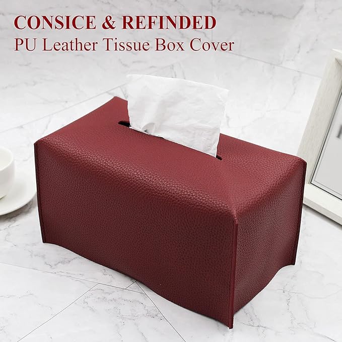 Livelab Tissue Box Cover, Modern Decorative PU Leather Rectangular Tissue Box Case Organizer Holder for Vanity Countertop, Night Stands, Livingroom, Office Desk & Car 9.5X5X5'' | Wine Red