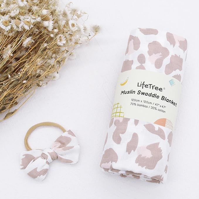 LifeTree Baby Muslin Swaddle Blankets Girl Newborn Receiving Blanket with Headband Bow Set Baby Blush Leopard Print Nursery Swaddle Wrap