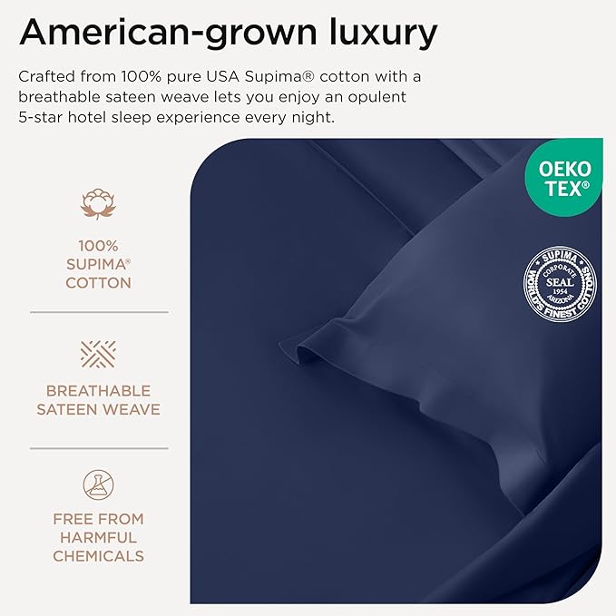 Threadmill California King Sheet Sets |Certified American Supima Cotton Sheets | 656 Thread Count 4 Piece Hotel Quality Luxury Bed Sheets Set with Elasticized Extra Deep Pocket | Folkstone Blue Sheets