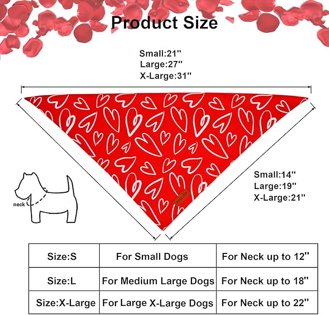 PTDECOR Valentine Dog Bandana, Reversible Holiday Dog Scarf, Multi Size Offered, Heart Valentine Bandanas for Medium Large Dogs Pets (Large)