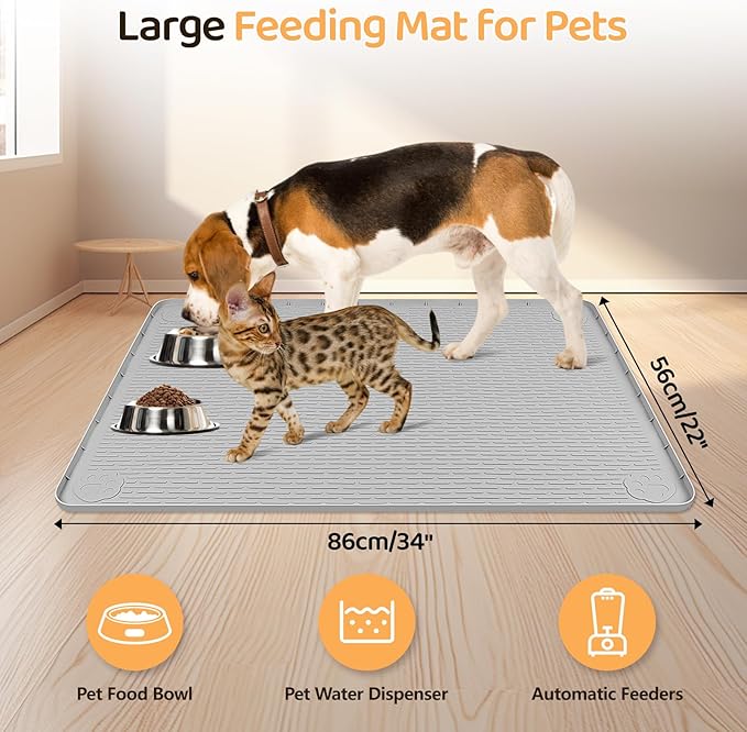 Bartuke Dog Food Mat, Extra Large 34" x 22" Silicone Pet Feeding Mat with Raised Edge Pet Placemat for Small, Medium, and Large Pets Non-Slip, Easy to Clean (Light Grey)