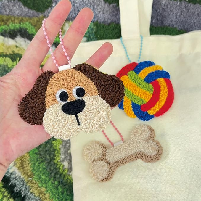HAND U JOURNEY 3Pcs Embroidery Punch Needle Bachpack Charm Kit, Original Design with 2.2mm Punch Tool, Threads and Hoop. Random Color Chain (Puppy)