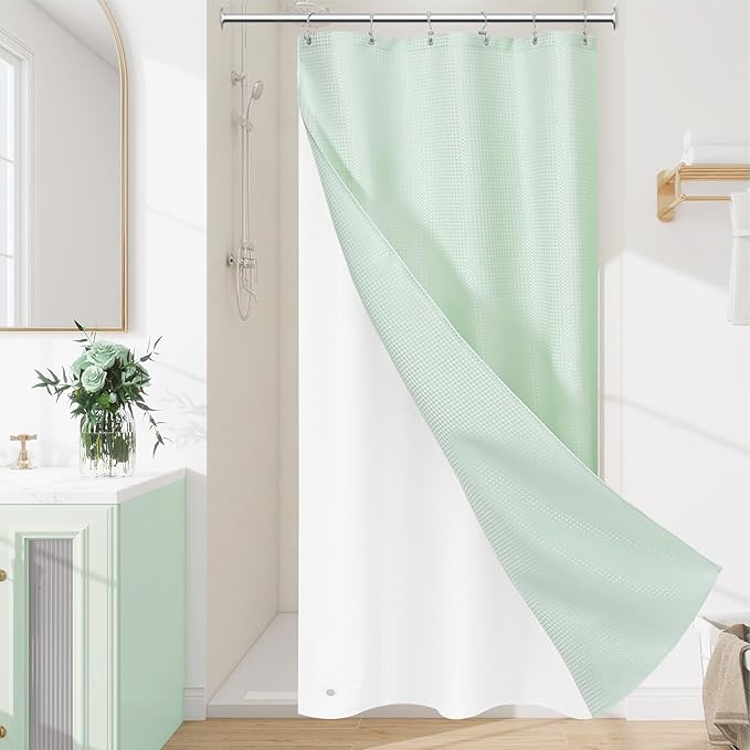 Craidlela 3 in 1 Stall Half Size Mint Green Shower Curtain Set-36 W x 72 H, Modern Waffle Waterproof Fabric and PEVA Liner Set with Stainless Steel Hooks