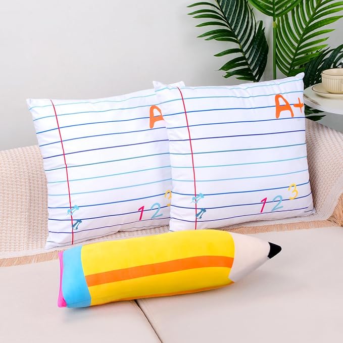2 Pcs Cute Notebook Pencil Pillows Kids Classroom Large Plush Throw Pillow Back School Creative Stuffed Cushion for Teacher Home Reading Room Sofa Decor Student School Birthday Party Gift Supplies