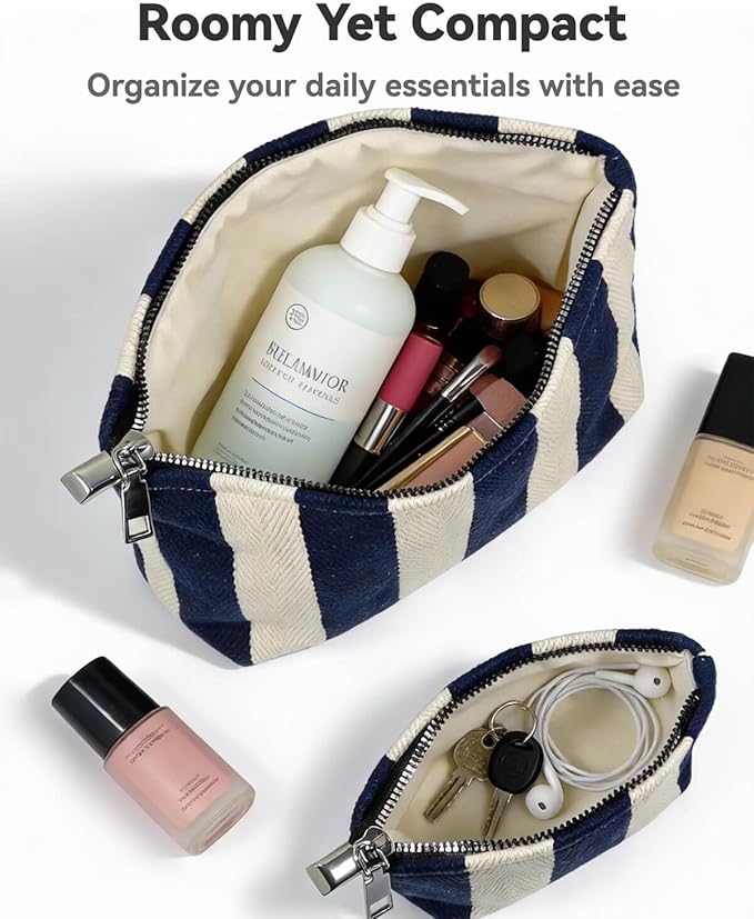 2 Pcs Makeup Bag Set, Women Gifts, Travel Cosmetic Bags, Canvas Make up Bag for Purse, Blue Striped Makeup Pouch with Zipper Lining, Cosmetic Storage Car Organizer, Portable Large & Small Toiletry
