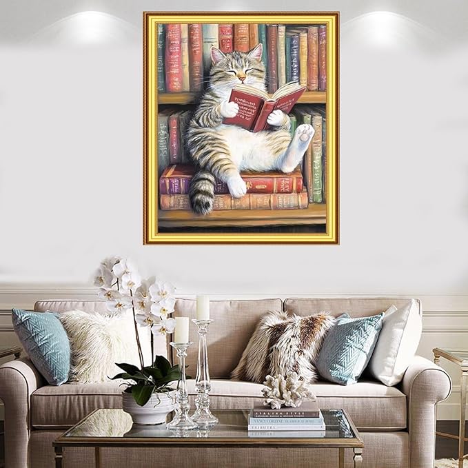 Foxnyart Stamped Cross Stitch Kits Full Range of Embroidery Needlework Starter Kits for Beginners Adults 11CT Embroidery Patterns Art Crafts DIY Needlepoint Kit-Bookshelf cat Reading 16x20 inchs