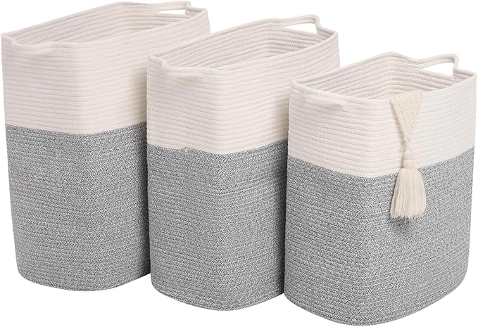 Tall Laundry Basket With Handles,Woven Cotton Rope Big Laundry Hamper Sorters,Versatile Storage for Dirty Clothes,Baby Toys,and Blankets in Bathroom, Nursery,and Living Room (Silver Gray, 68L)