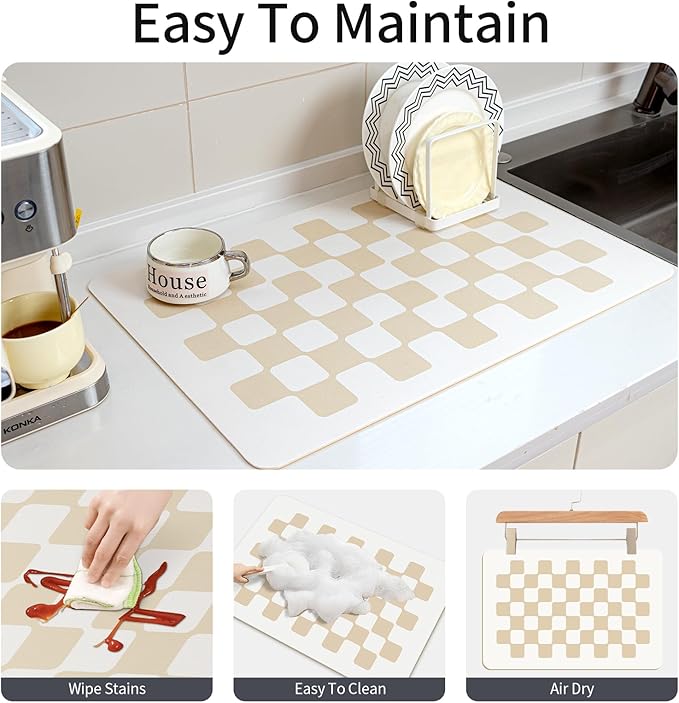 24''x16'' Water Absorbent Dish Drying Mats for Kitchen Counter Checkered Coffee Bar Station Accessories, Easy Clean and Quick Drying,Beige Checkered