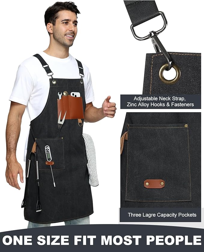 Kitchen Apron - 3 Large Pockets, Cross Back Apron With Adjustable Straps, Cooking Kitchen Chef Apron For Women And Men, Wear-Resistant & Easy To Clean.（Black）