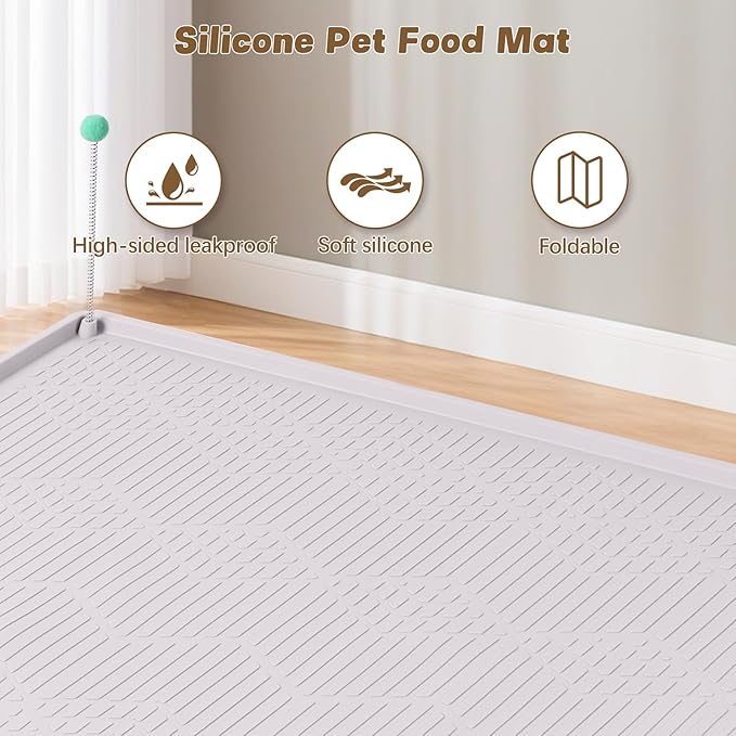 Bartuke Cat Food Mat with Toy Ball, 34'' x 22'' Extra Large Silicone Pet Feeding Mat with Raised Edge Pet Placemat for Food and Water Bowl Non-Slip, Easy to Clean, Floor Protection (White)