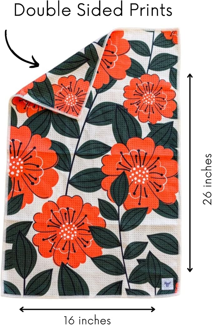 Desert Aqua 2 Pack Double Sided Kitchen Towels || Dish Towels || Quick Dry || Designer Prints || Highly Absorbent || Hanging Hook (Poppy)