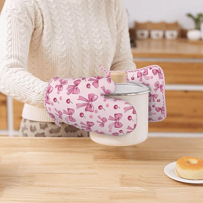 Oven Mitts Pot Holders Set Pink Bow Pattern Cherry Silicone Kitchen Gloves Potholders Heat Resistant for Chef Baking Cooking Grilling BBQ 4 Pack Mitt